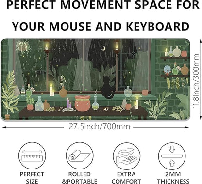 Black Cat Mouse Pad Green Plants Desk Mat Pad Anime Large Gaming Cartoon Cute Mouse Pad,Stitched Edges Non-Slip Waterproof Rubber Base Mous Mat for Office Home Work Gaming(27.5X11.8 in)