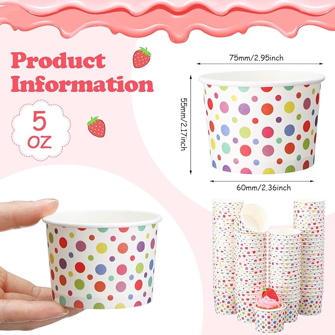 Honeydak 400 Pack 150 ml/ 5 oz Rainbow Polka Ice Cream Cups for Party Small Ice Cream Cups Disposable Treat Paper Cups Dessert Snacks Sundae Yogurt Container Wedding Birthday Party Supplies