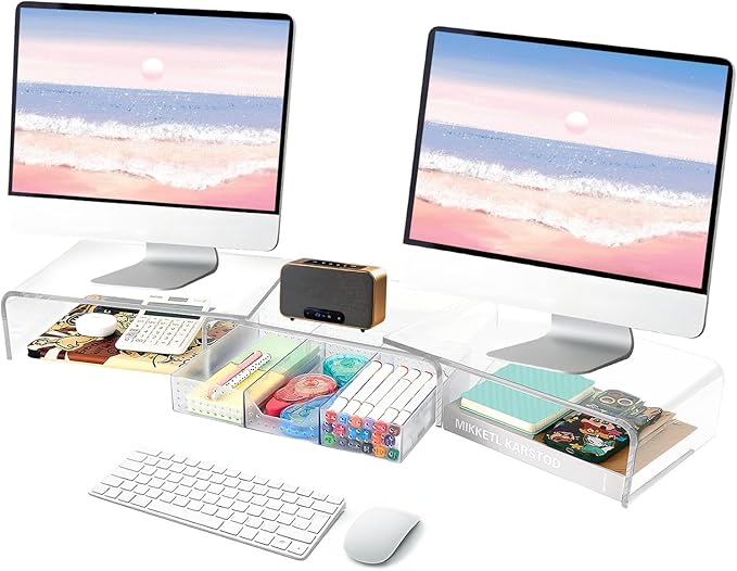 OPNICE Clear Acrylic Desk Organizers and Accessories, Dual Computer Monitor Stand Riser with Drawer, Desk Shelf for Monitor, Workspace Desktop Organization for Office Supplies