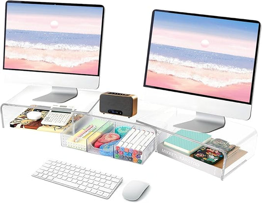 OPNICE Clear Acrylic Desk Organizers and Accessories, Dual Computer Monitor Stand Riser with Drawer, Desk Shelf for Monitor, Workspace Desktop Organization for Office Supplies
