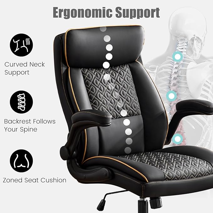 Leather Executive Office Chair, Computer Desk Chair with Lumbar Support, Comfortable Home Office Chairs 400lbs with Padded Flip-up Armrests, Height Adjustable, Tilting Function, Black