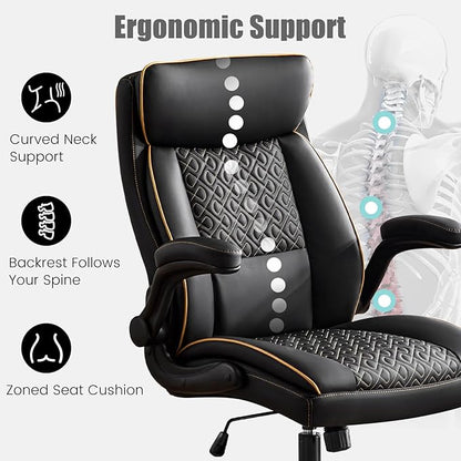 Leather Executive Office Chair, Computer Desk Chair with Lumbar Support, Comfortable Home Office Chairs 400lbs with Padded Flip-up Armrests, Height Adjustable, Tilting Function, Black