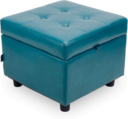 H&B Luxuries Tufted Leather Square Flip Top Storage Ottoman Cube Foot Rest (Blue with Storage)