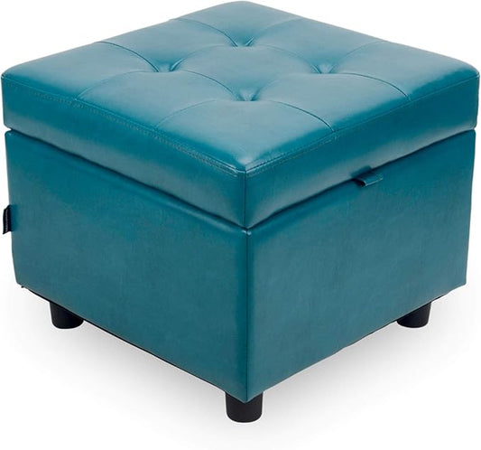 H&B Luxuries Tufted Leather Square Flip Top Storage Ottoman Cube Foot Rest (Blue with Storage)