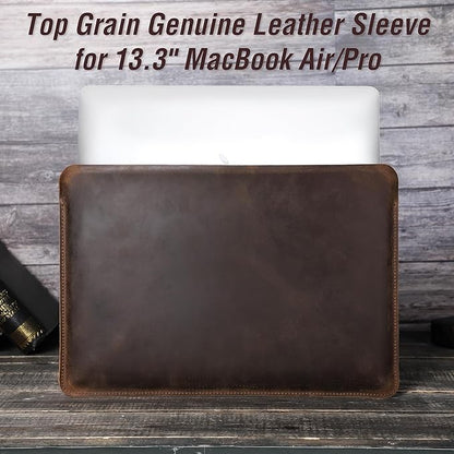 Top Grain Leather 13.3" Slim Laptop Sleeve Protector, Solid Minimalist Vintage Design, Handmade, Compatible with MacBook Pro 13.3" MacBook Air 2022 DELL XPS 13" & Other PC, Coffee 13.3 Inch