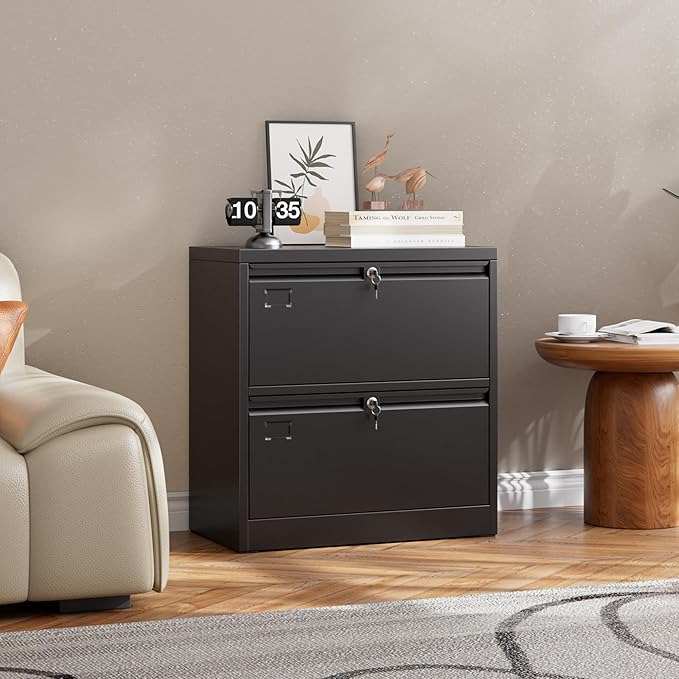 SUXXAN Metal 2 Drawer Lateral File Cabinet, Wide Filing Cabinet with Lock for Letter/Legal/F4/A4 Hanging Files - Includes Business Card Holder,Home Office School Storage,Black