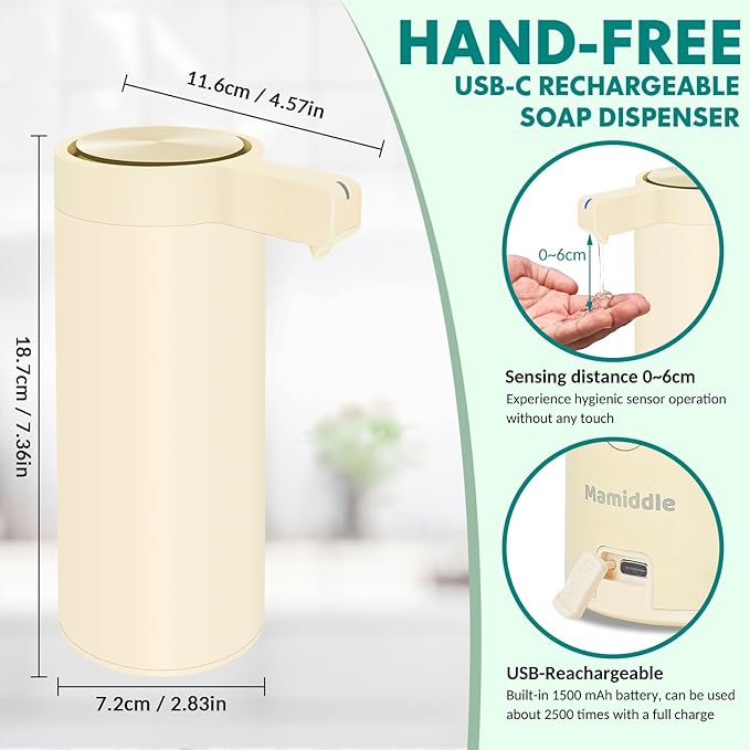Automatic Soap Dispenser Stainless Steel with Sensor Infrared Soap Dispenser Electric IPX5 Waterproof USB-C Charging Motion Sensor for Kitchen & Bathroom (Ivory)