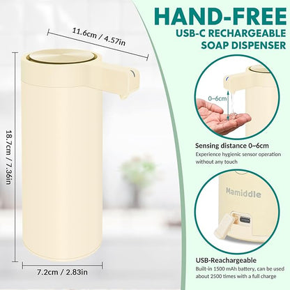Automatic Soap Dispenser Stainless Steel with Sensor Infrared Soap Dispenser Electric IPX5 Waterproof USB-C Charging Motion Sensor for Kitchen & Bathroom (Ivory)