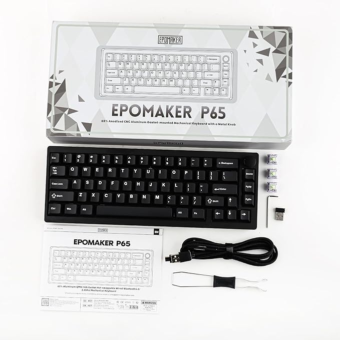 EPOMAKER P65 QMK/VIA Wireless Aluminum Gaming Keyboard, Gasket-Mount, Bluetooth/2.4Ghz/USB(A to C), Hot Swappable, N-Key Rollover, for Mac/PC/PS/Xbox (Black, Zebra Switch)