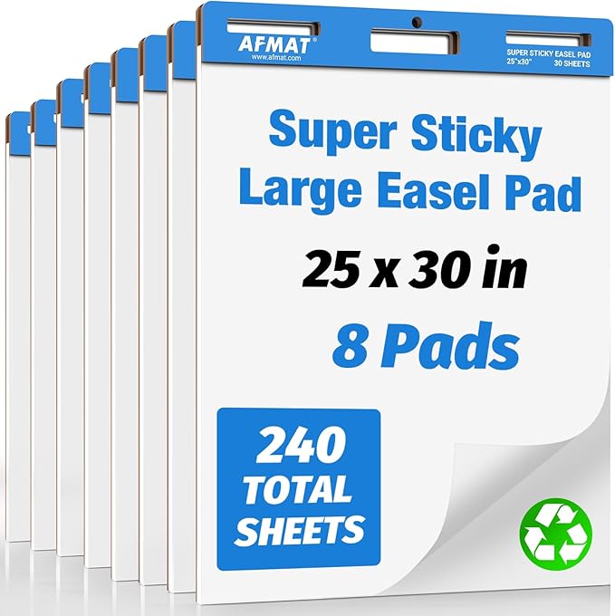 AFMAT Anchor Chart Paper 25 in x 30 in, Large Chart Paper for Teachers, Sticky Easel Pads for Office/Classroom/Whiteboard/Wall/Windows, Ink Bleed-Through Resistant Easel Paper, 30 Sheets/Pad, 8 Pads