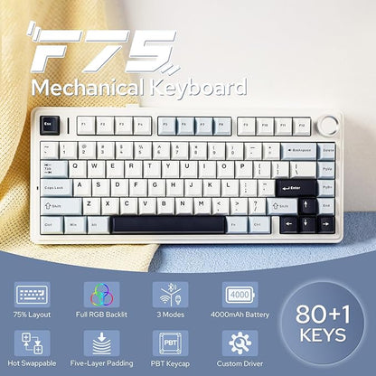 EPOMAKER x Aula F75 Gasket Mechanical Keyboard, 75% Wireless Hot Swappable Gaming Keyboard with Five-Layer Padding&Knob, Bluetooth/2.4GHz/USB-C, RGB (Light Blue, Crescent Switch)