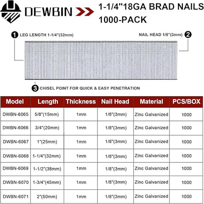 18 Gauge Brad Nails, 1000 Counts 1-1/4-inch 18 GA Brad Nails, Galvanized Nails for Nail Gun, Finishing Nail Gun Nails for Pneumatic, Electric Brad Nailer Gun