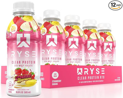 RYSE Clear Protein Drink - Strawberry Banana - 100 Calories, 22g Whey Isolate Protein Shake, Sugar-Free, 0g Fat & Lactose-Free - Refreshing Ready-to-Drink Beverage - 16.9 fl oz Bottles (12-Pack)
