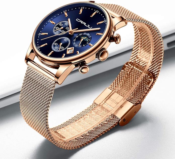 CRRJU Men's Fashion Casual Watches Auto Date Chronograph Watch Men Nice Work Watches Waterproof 30M Full Steel Quartz with Mesh Strap