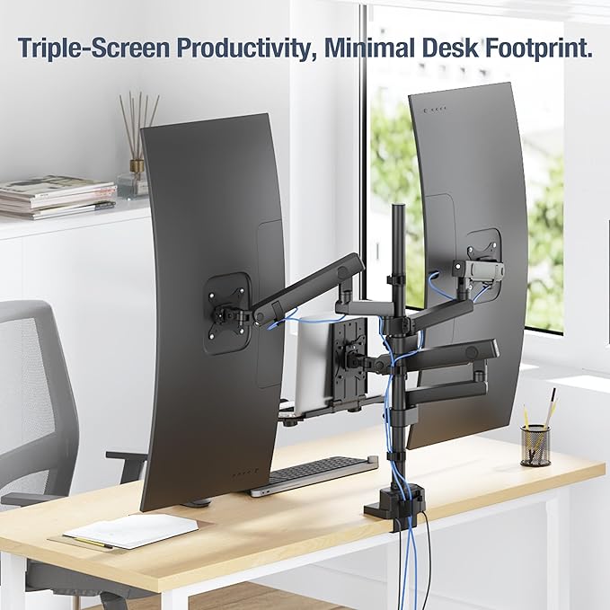AVLT Laptop & Dual 40 Inch Stacking Monitor Arm Pole Top Mount with USB-C USB-A Ports-Black, Supports 26.4 lbs (12kg), Ultrawide Screen Fit, VESA Compatible, Multi-Screen, Ergonomic Workspace Upgrade