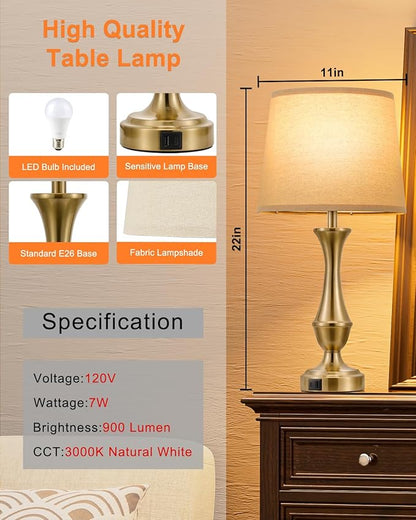 Seealle Upgraded Touch Lamps for Night Stands Set of 2 - Bedside Lamps with USB C+A, 3 Way Dimmable for Bedroom Living Room End Tables Office (Oat Shade&Coppery Base)
