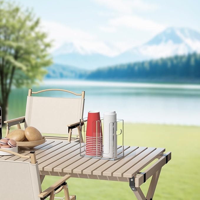 WINFFOR Disposable Cup Organizer Dispenser - 2 Compartments Clear Acrylic Cup and Lid Holder with Handles Plastic Cup Dispenser Countertop Paper Cup Holder for Coffee Bar House Party Essentials