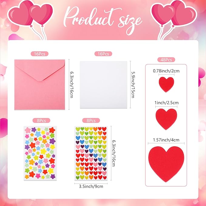 Zonon 16 Pack Valentines Crafts DIY Card Valentines's Day Kits Foam Heart Sticker Craft DIY Kits Envelopes Cards Set for Exchange Gifts (Cute Color)