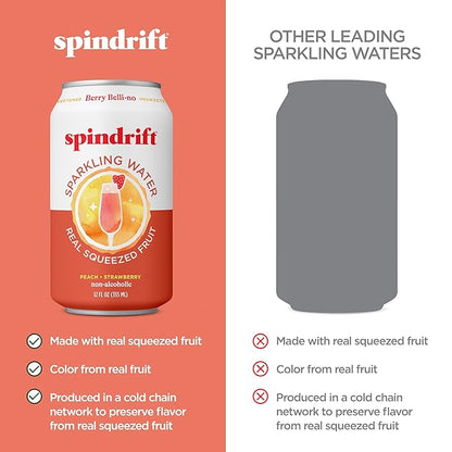 Spindrift Sparkling Water, Berry Belli-no Flavored, Made with Real Squeezed Fruit, 12 Fl OZ Cans, Pack of 24 (Only 13 Calories per Can)