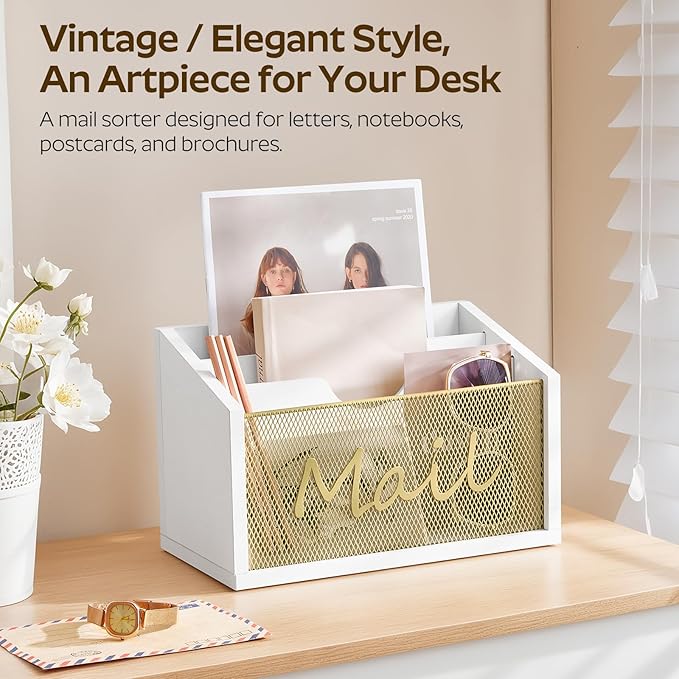 Mail Organizer Countertop, Mail Holder with 3 Slots, Mail Sorter for Desk, Wooden Office Desk Organizer, Mail Organizer for Magazines, Files, Papers, Folders, White and Gold MR03DW