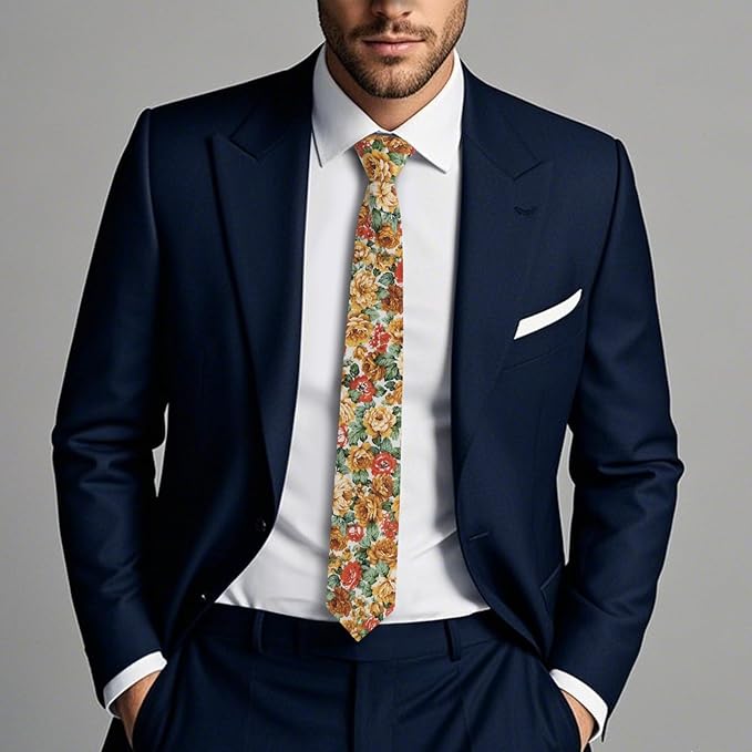 Cotton Floral Ties for Men 2.76" Men's Skinny Tie Linen Flower Printed Neck Tie for Wedding Dating Party