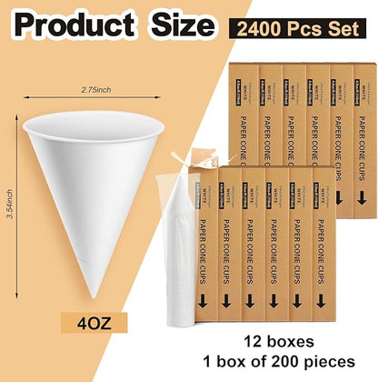 Roshtia 2400 Pcs 4 oz Paper Cone Cups Thicken Disposable Cone Cups for Shaved Ice, Slushies Water Cooler Dispenser, White