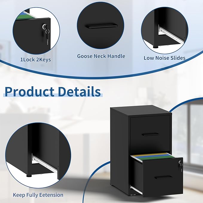 2-Drawer Locking Vertical File Cabinet, Metal Storage Cabinet for Office/Home – Secure Vertical Filing for Letter/Legal/A4/F4 Documents, Easy to Assemble Steel Cabinet (Black, 2 Drawer-25 H)