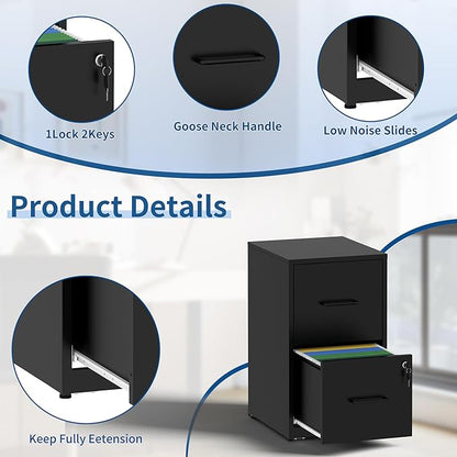 2-Drawer Locking Vertical File Cabinet, Metal Storage Cabinet for Office/Home – Secure Vertical Filing for Letter/Legal/A4/F4 Documents, Easy to Assemble Steel Cabinet (Black, 2 Drawer-25 H)