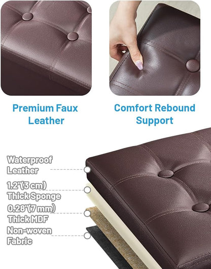 AmasSmile Storage Ottoman Folding Foot Rest Stool, Leather Footstool Bench, Short Ottoman Stool, Storage Foot Rest Store, Books (Brown-2pc, 17" D x 13" W x 13" H)