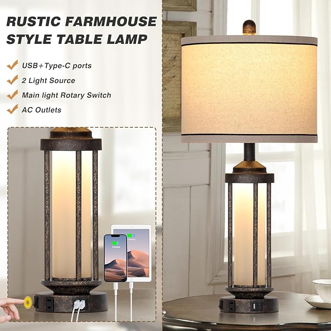 Farmhouse Table Lamp, 27" Vintage Rustic Retro Beside Lamp with USB A+C Charging Ports & AC Outlet, Industrial Modern Lamp with Glass LED Night Light for Living Room Bedrooms Nightstand 1 Pack