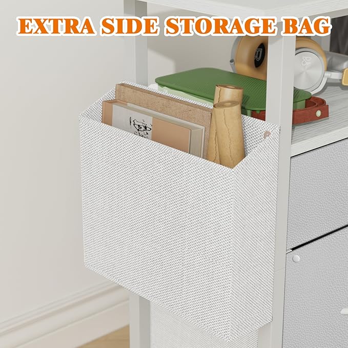 GYIIYUO 2 Fabric Drawer File Cabinet with 24'' Extended Desktop, Mobile Filing Cabinet, Rolling File Cabinet with Side Bag, Fits A4 Size, Home Office, White