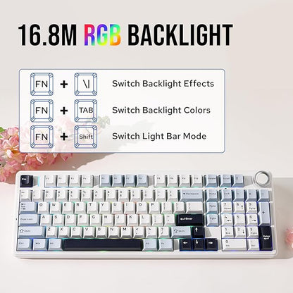 MechLands Aula F99 PRO 96% Mechanical Gaming Keyboard, BT5.0/USB-C/2.4GHz Wireless, Hot Swappable Gasket Custom Keyboard with 8000mAH Battery, Rotary Knob, RGB Backlit for Win/Mac (White Blue)