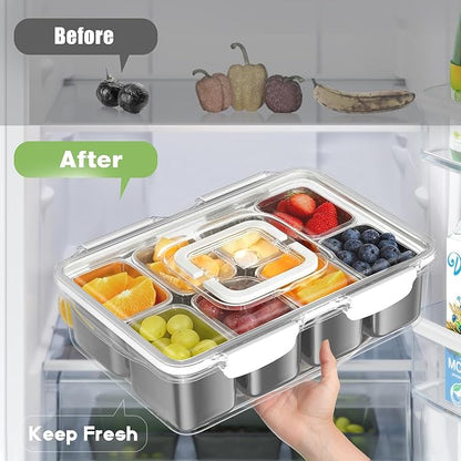 Snackle Box Container, Stainless Steel Divided Serving Tray with Handle and Lid,4 Compartment Leakproof Portable BPA-Free Snack Box For Fruits&Veggies, Keep Food Fresh & Organized, Ideal for Outdoor