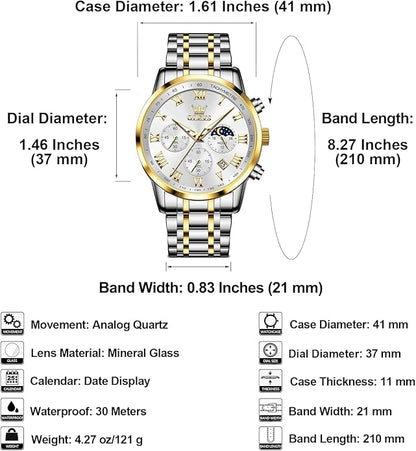 OLEVS Mens Stainless Steel Chronograph Watch, Big Face Roman Numerals Date Analog Quartz Dress Watches for Men, Fashion Multifunctional Waterproof Luminous Hands Men's Wristwatch