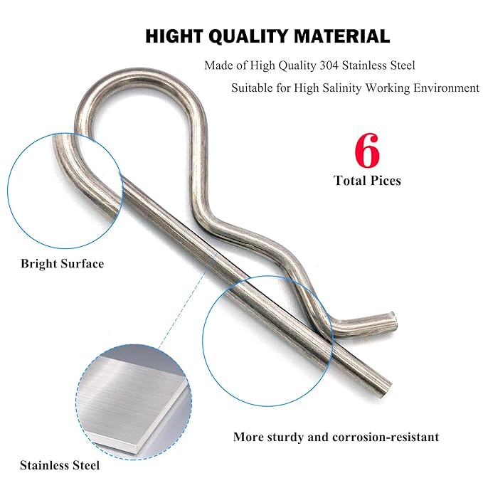 6 Pcs Heavy Duty Stainless Steel Spring Retaining Wire R Clips M3.5x75 Keeper Pins for Trailer Pin Clips Lock System