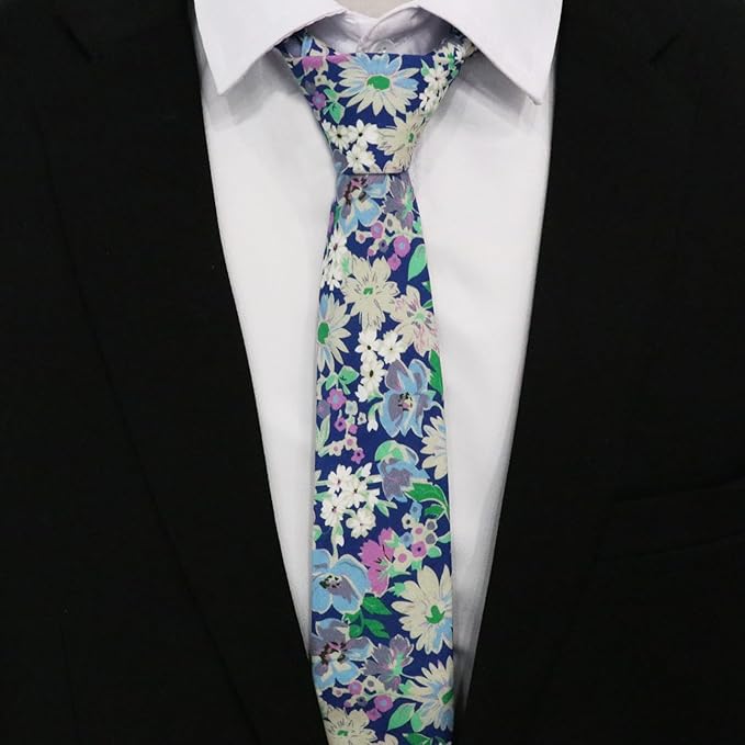 Cotton Floral Ties for Men 2.76" Men's Skinny Tie Linen Flower Printed Neck Tie for Wedding Dating Party