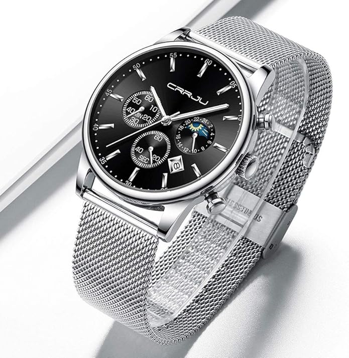 CRRJU Men's Fashion Casual Watches Auto Date Chronograph Watch Men Nice Work Watches Waterproof 30M Full Steel Quartz with Mesh Strap