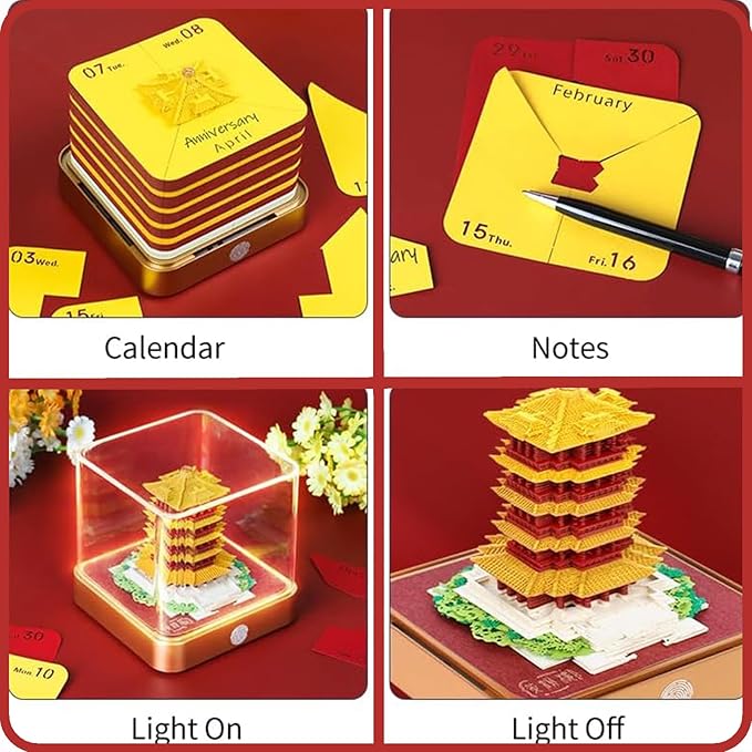 3D Time Piece Calendar 2026 DIY Calendars Tear Away Carving Art 3D Memo Pad Calendar With LED Lights sculpture artsy pads calendar notepad for Desktop Decor-Yellow Crane Tower