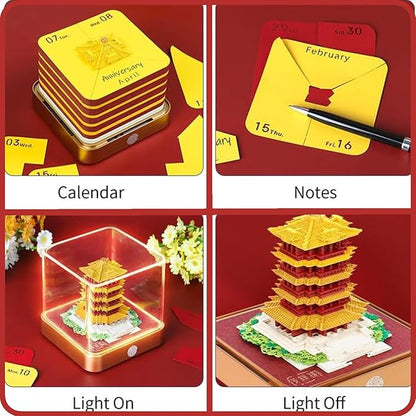 3D Time Piece Calendar 2026 DIY Calendars Tear Away Carving Art 3D Memo Pad Calendar With LED Lights sculpture artsy pads calendar notepad for Desktop Decor-Yellow Crane Tower