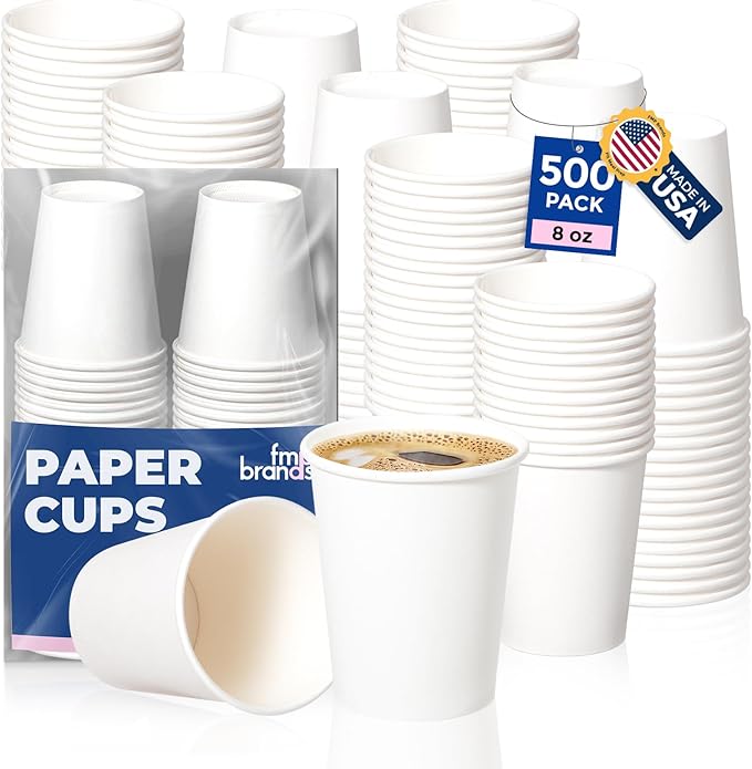 Fit Meal Prep 500 Pack 8 oz Disposable Paper Coffee Cups, Premium White Hot Cups for Hot/Cold Beverage, Durable Thickened Paper Cup Bulk for Party, Office, Bussines, Home, Bistros, Events