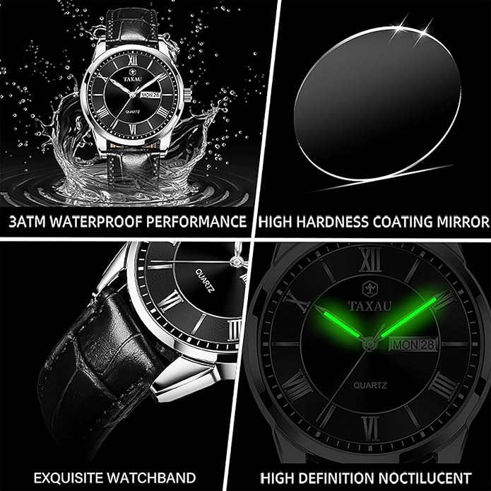 Men's Watch Big Face Easy Read Arabic Numeral Dress Watches for Men Classic Black Brown Leather Band Analog Mens Wrist Watch with Day and Date Fashion Business Waterproof Luminous Quartz Watch