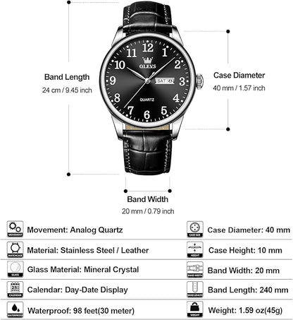 Men's Casual Leather Watch, Easy to Read Three-Hand Analog Stainless Steel Watches for Men, Minimalist Day Date Waterproof Luminous Mens Quartz Wristwatch