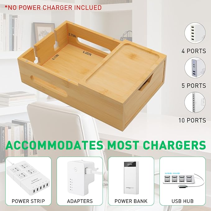 Bamboo Charging Station for Multiple Devices, Desktop Wood Charger Organizer with Drawer & Tray -Included 6 Cables, Compatible with Multi Devices, Cell Phone, Tablet, Earphones (No USB Charger)