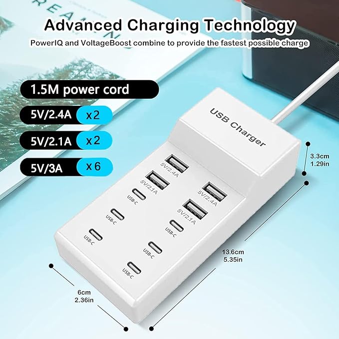 USB C Charger,10 Ports USB Charging Station with 6 Ports USB-C, Desktop 50W Multi Ports Charger Compatible with iPhone 12/13/14/15/16/Galaxy S22/S23/S24/S25/Tablet/Watch/Headphones