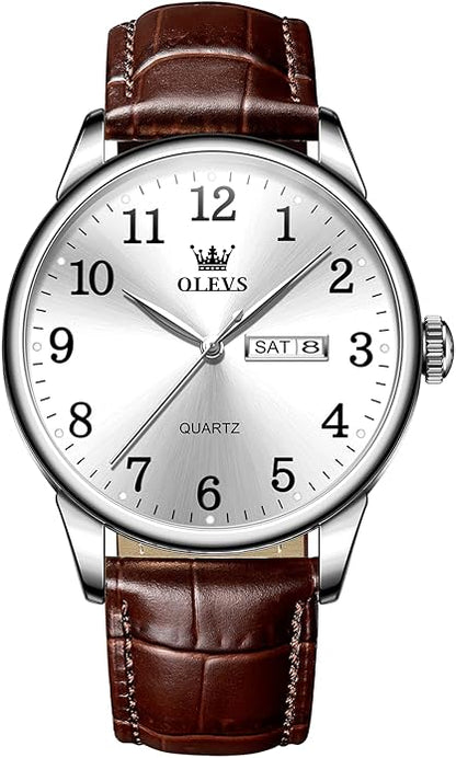 Men's Casual Leather Watch, Easy to Read Three-Hand Analog Stainless Steel Watches for Men, Minimalist Day Date Waterproof Luminous Mens Quartz Wristwatch