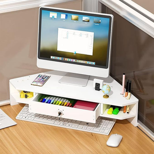 White Corner Monitor Riser with Drawer, Triangle Screen Stand with Lock, Ergonomic Computer Monitor Stand, Triangle Storage Desk Stand