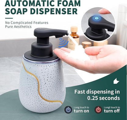 BosilunLife Automatic Foaming Soap Dispenser - Touchless Foam Hand Wash Dispenser for Bathroom Ceramic Smart Electric Auto Dish Soap Dispenser Waterproof, USB C Rechargeable, 17 oz, Speckled Blue