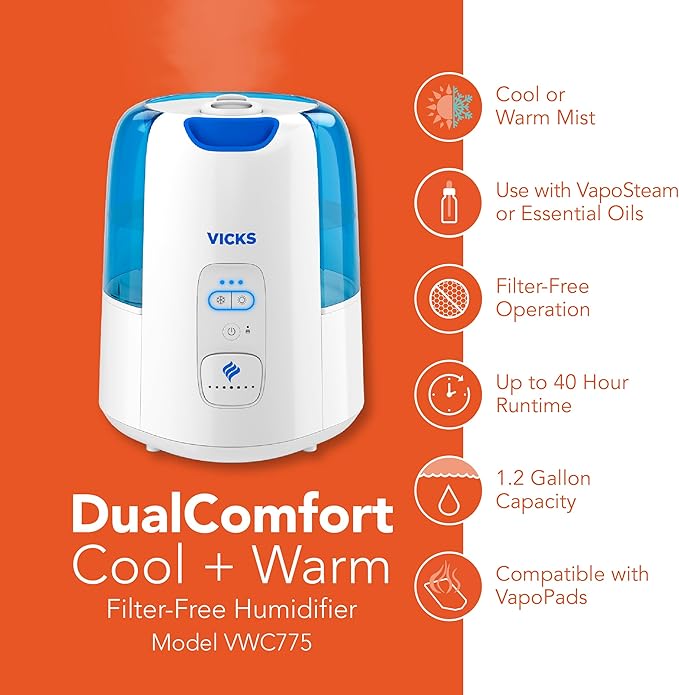 Vicks Dual Comfort Cool + Warm Mist Humidifier for Bedrooms With Fusion Technology, Compatible with Vicks VapoPads and Vicks VapoSteam, White