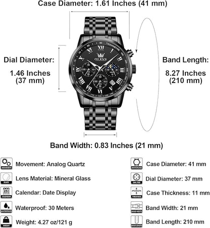 OLEVS Mens Stainless Steel Chronograph Watch, Big Face Roman Numerals Date Analog Quartz Dress Watches for Men, Fashion Multifunctional Waterproof Luminous Hands Men's Wristwatch