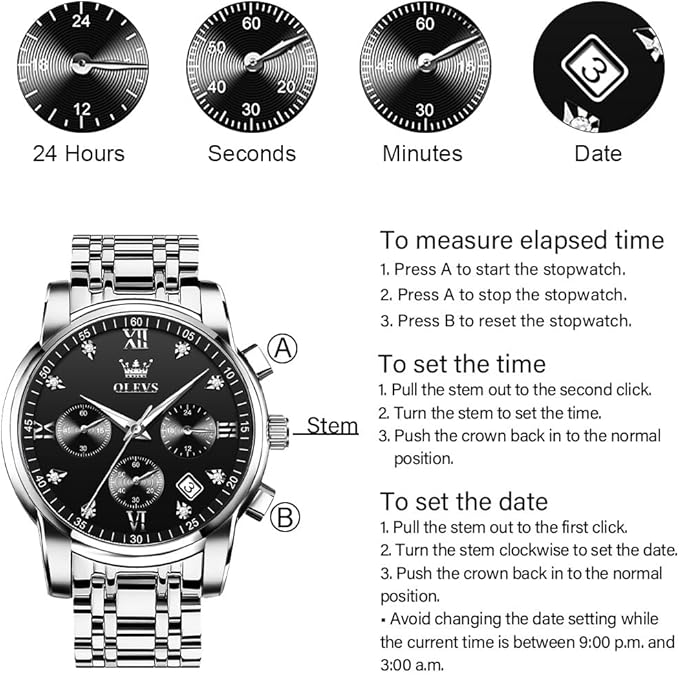OLEVS Men's Stainless Steel Chronograph Watch, Big Face Gold Silver Black Tone Easy to Read Analog Quartz Watch, Luxury Waterproof Date Diamond Roman Arabic Numerals Dial Dress Watch for Men